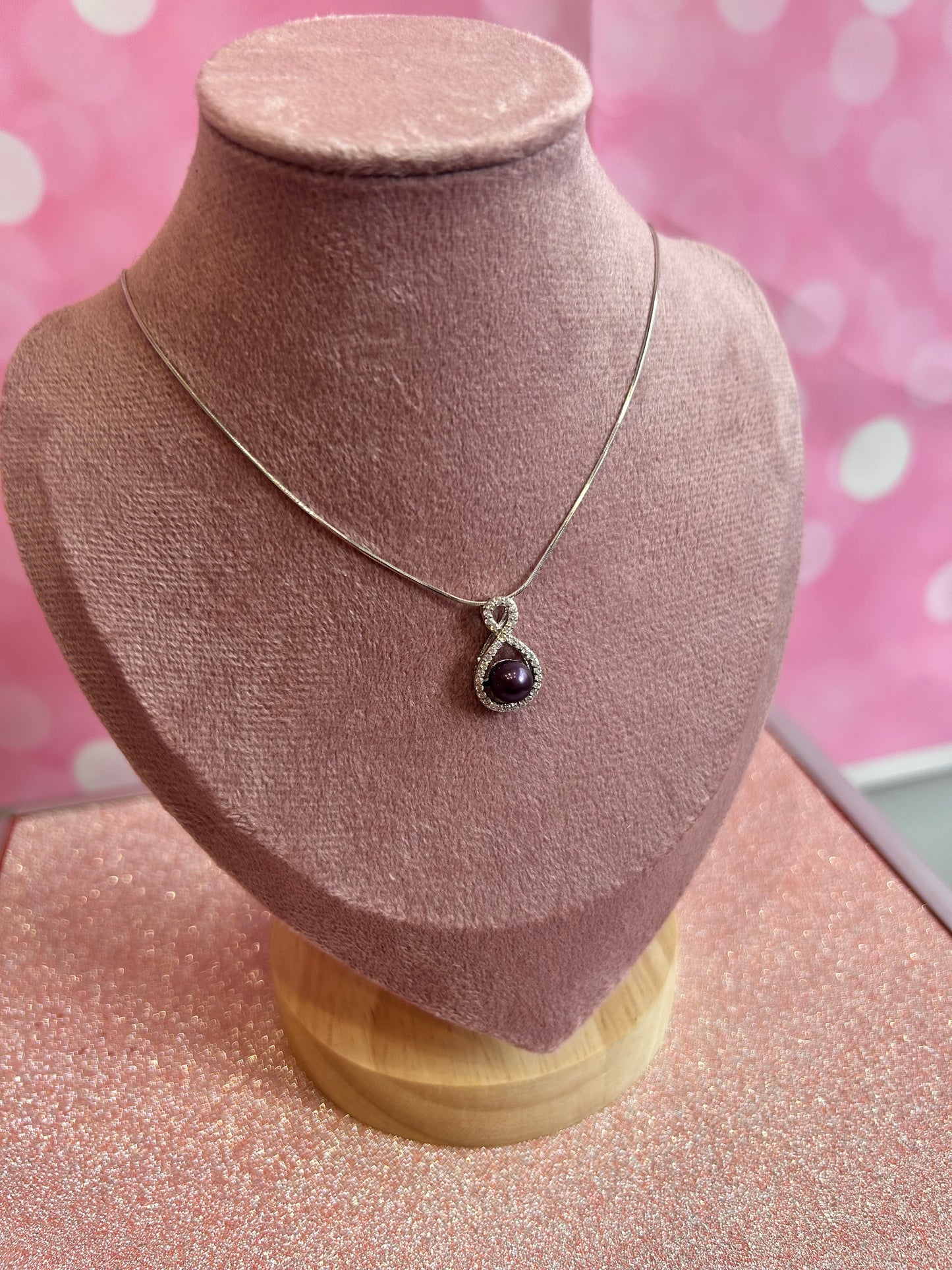 Pre mounted Sterling silver infinity cubic zirconia drop pendant with purple pearl