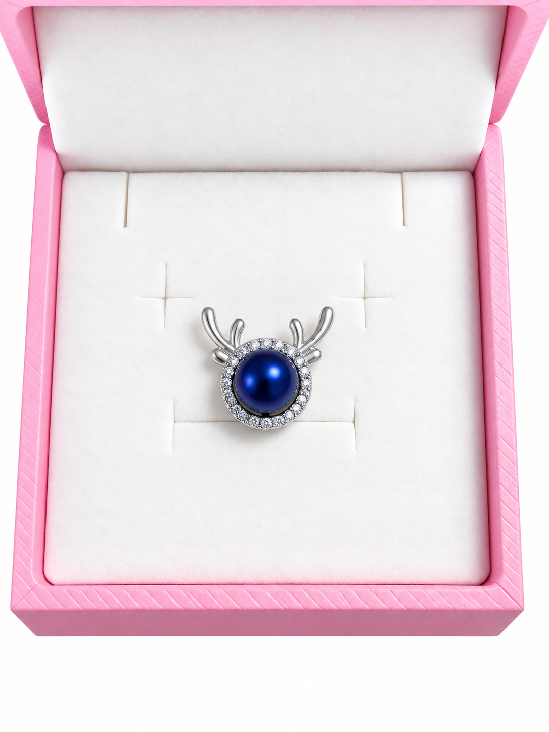 Silver plated reindeer pendant with Pepsi blue pearl