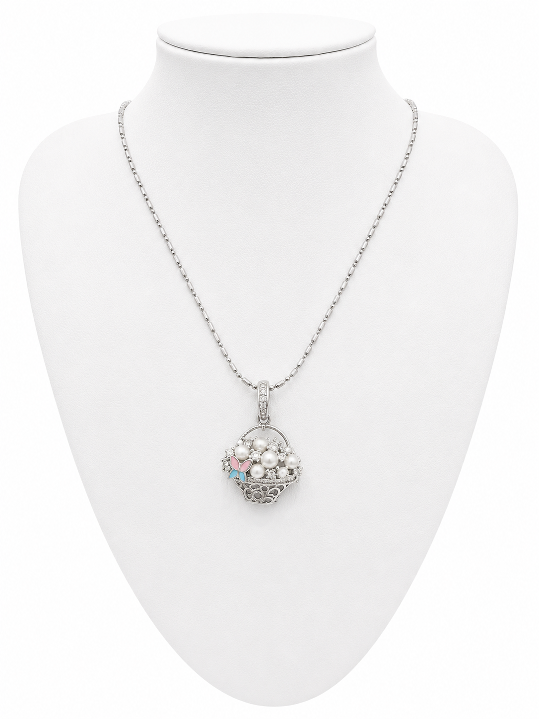 Silver plated pearl flower basket necklace