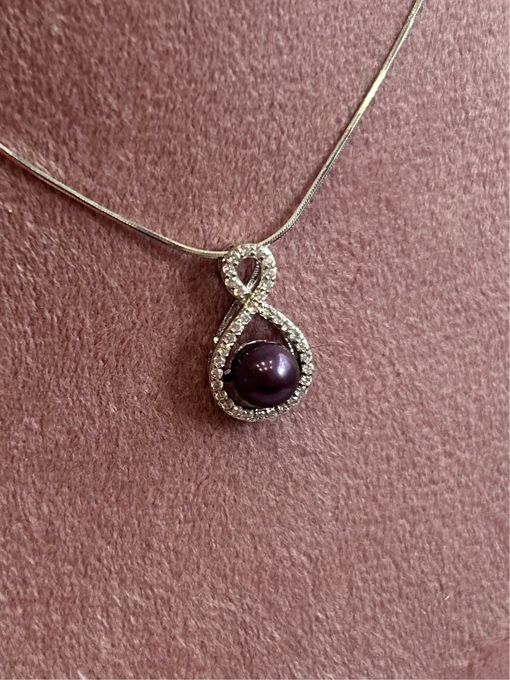 Pre mounted Sterling silver infinity cubic zirconia drop pendant with purple pearl