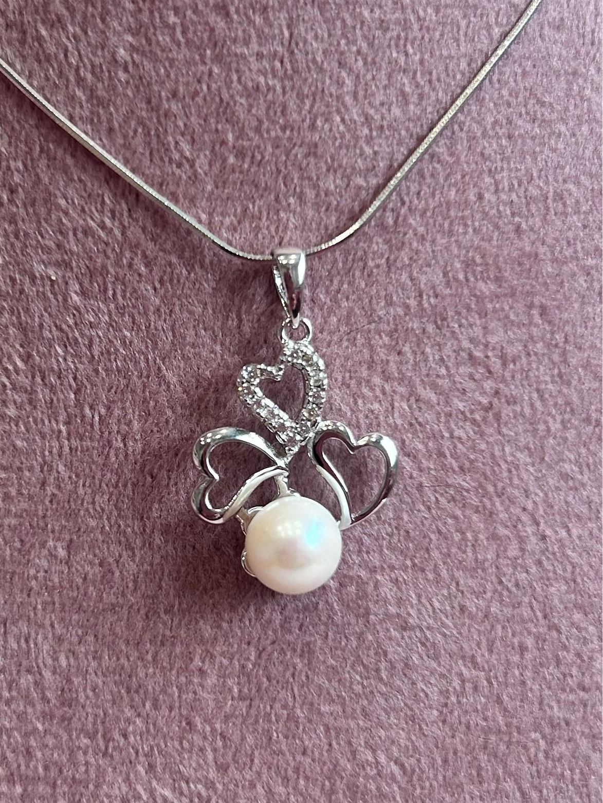 Pre-mounted sterling silver triple heart pendant with white pearl