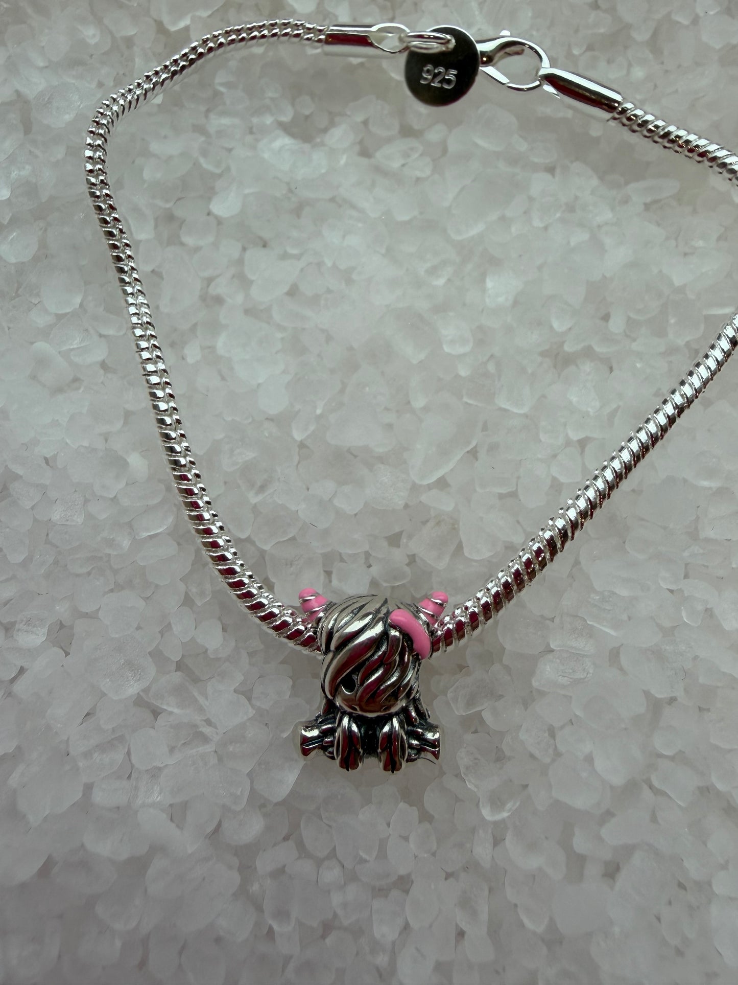 Silver plated highland cow bracelet with pink horns