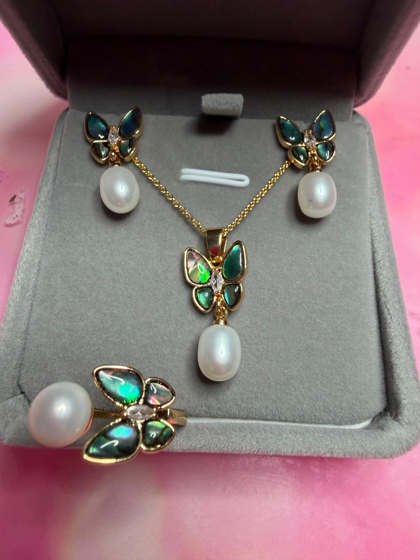 Gold plated mother of pearl butterfly set