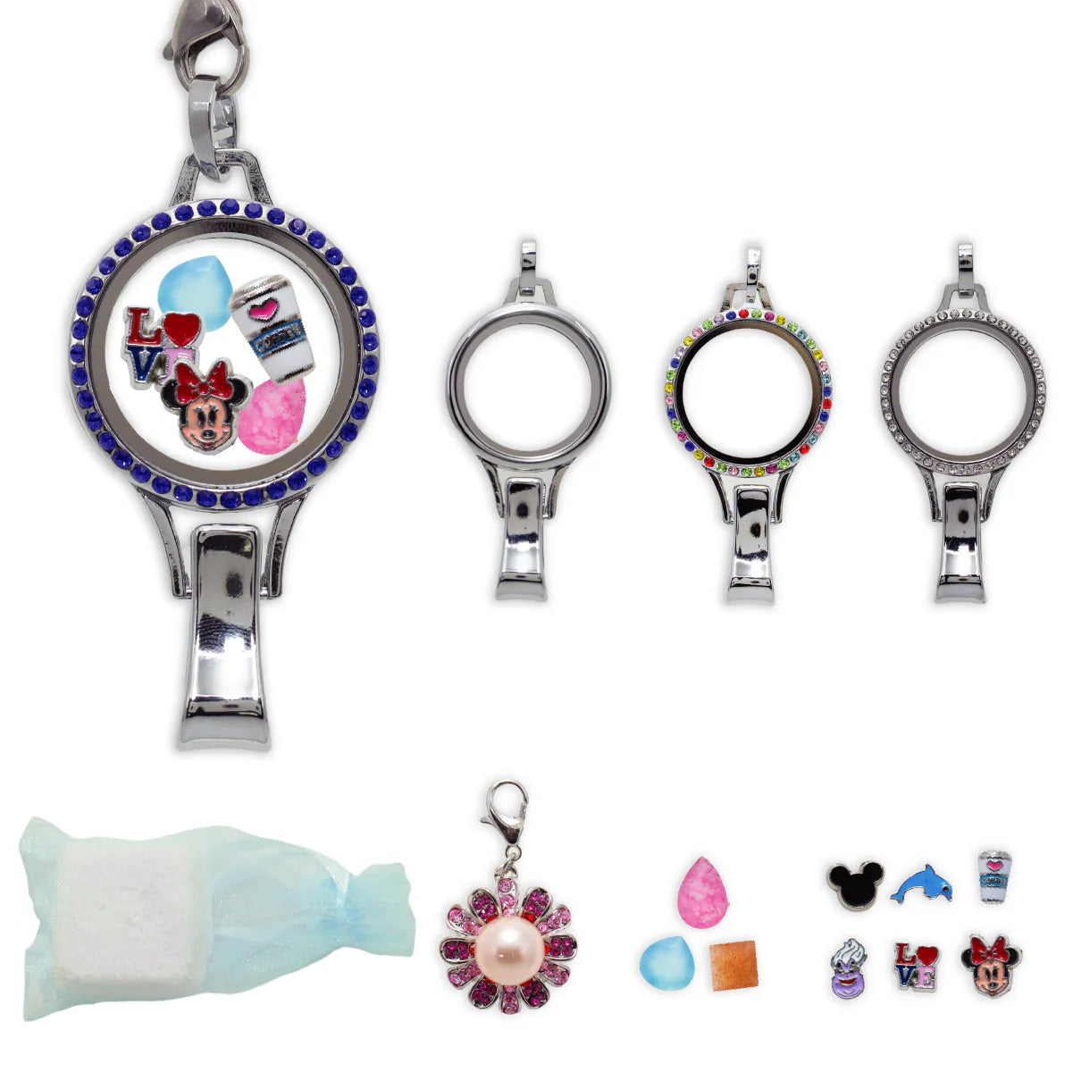 Lanyard locket with charms and gem stones