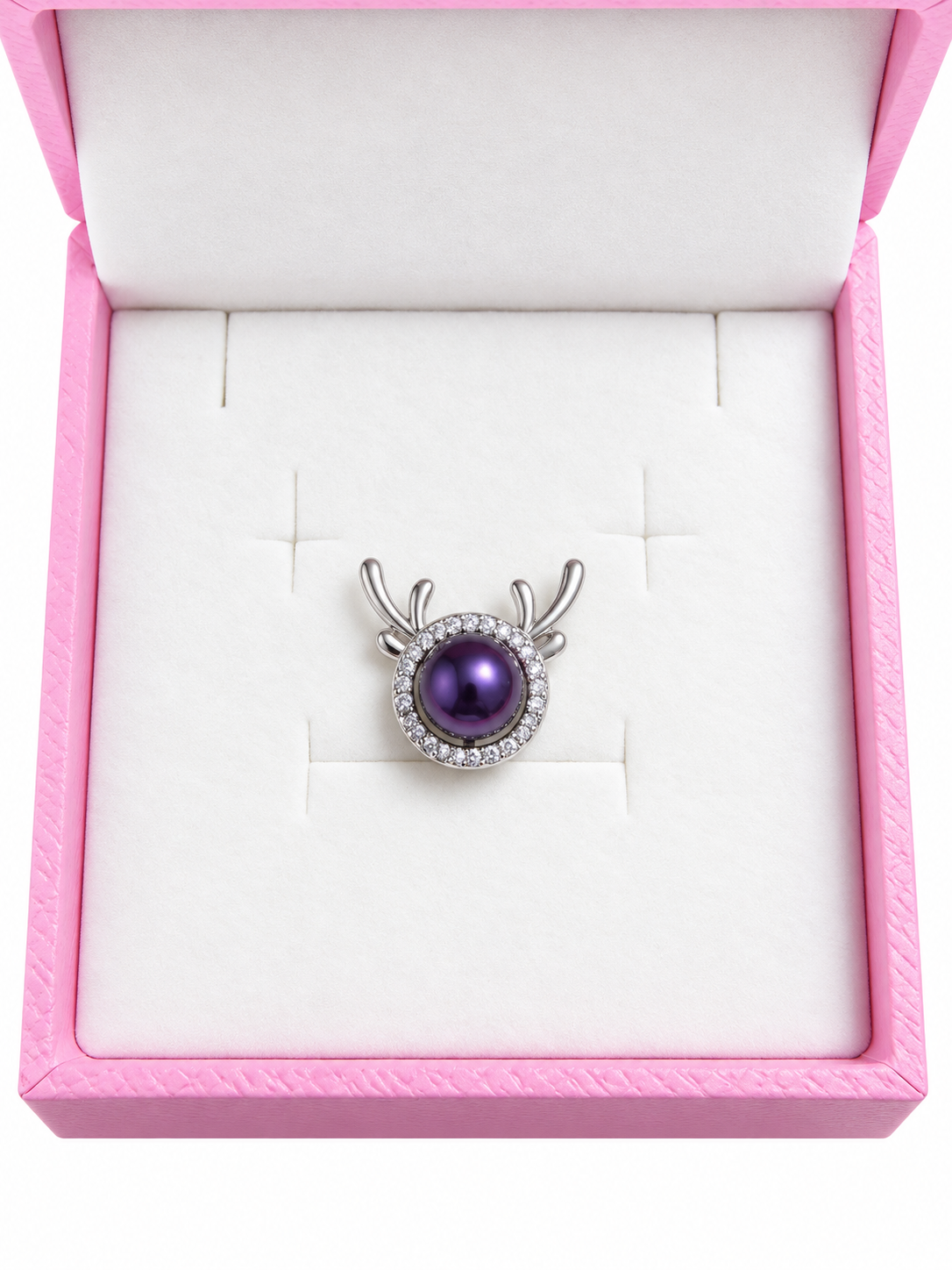 Silver plated reindeer pendant with dark purple pearl