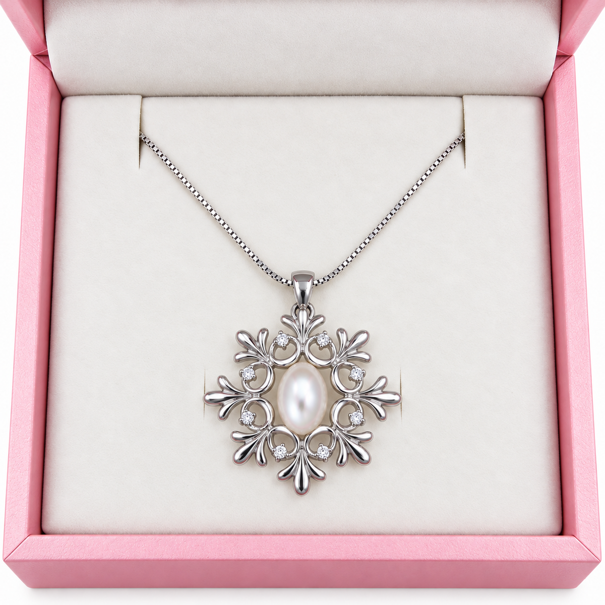 143 Sterling silver snowflake cage pendant with white rice Pearl