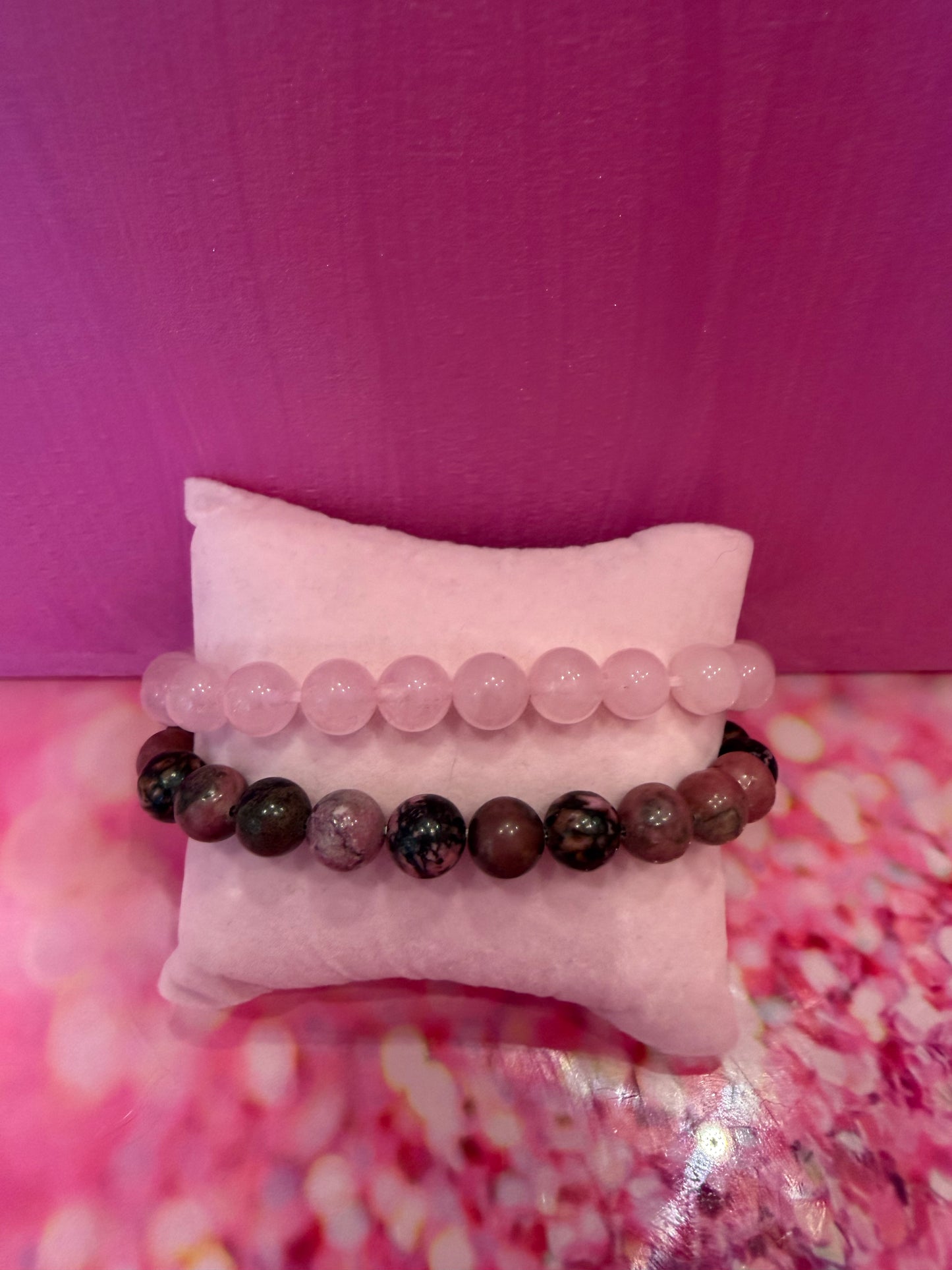 Rhodochrosite and rose quartz gemstone bracelets