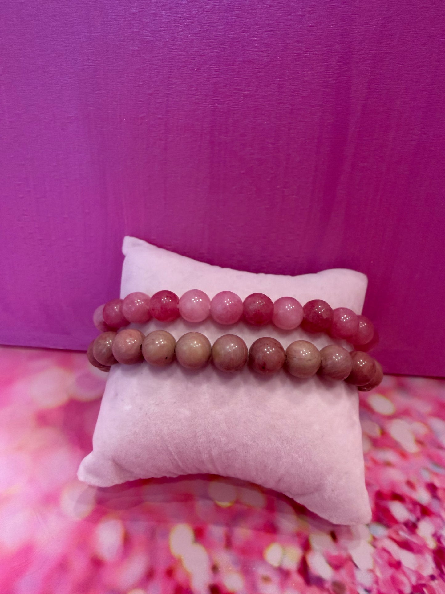 Rhodonite and chalcedony gemstone bracelets