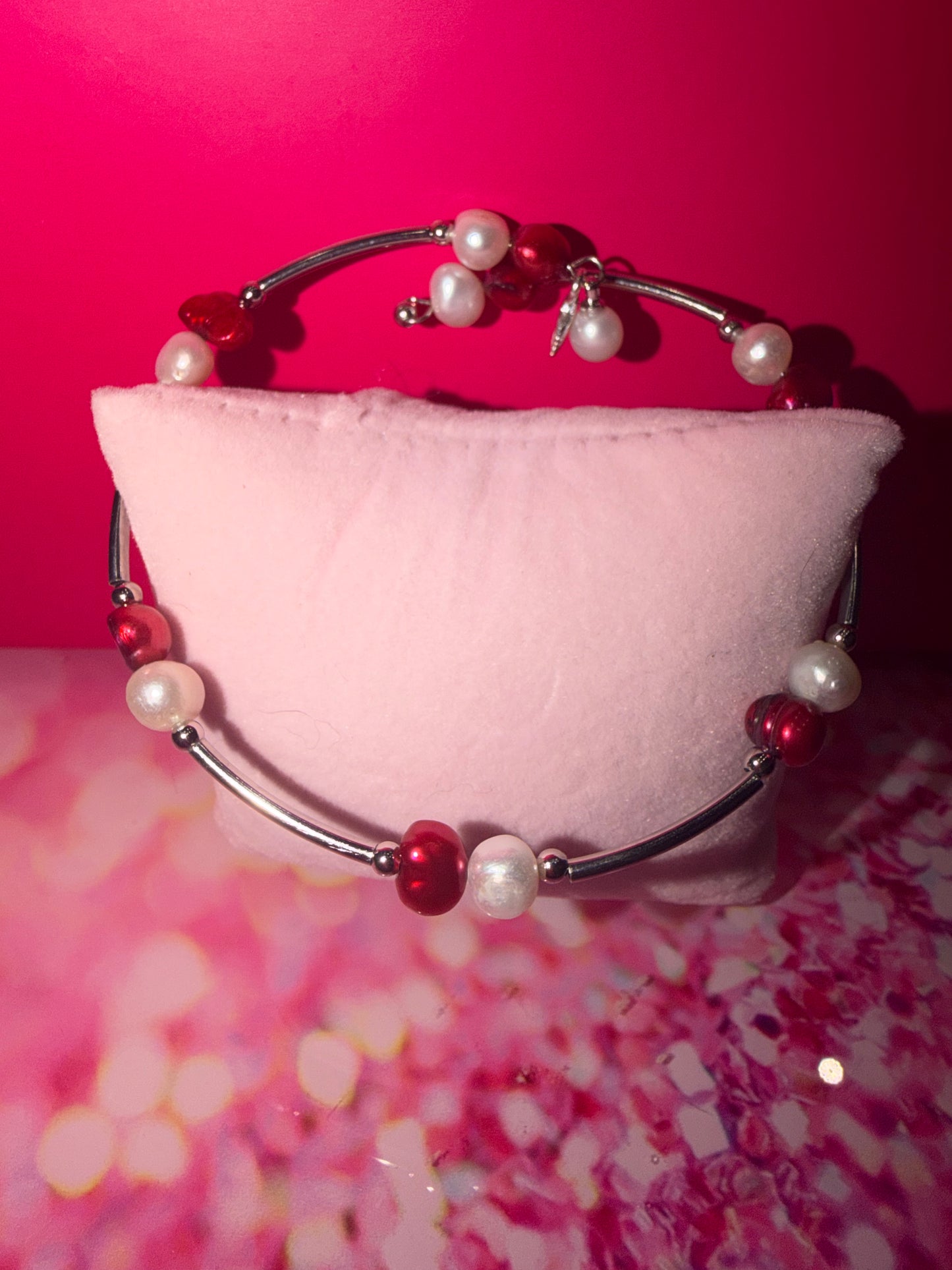 Red and white potato pearl bracelet