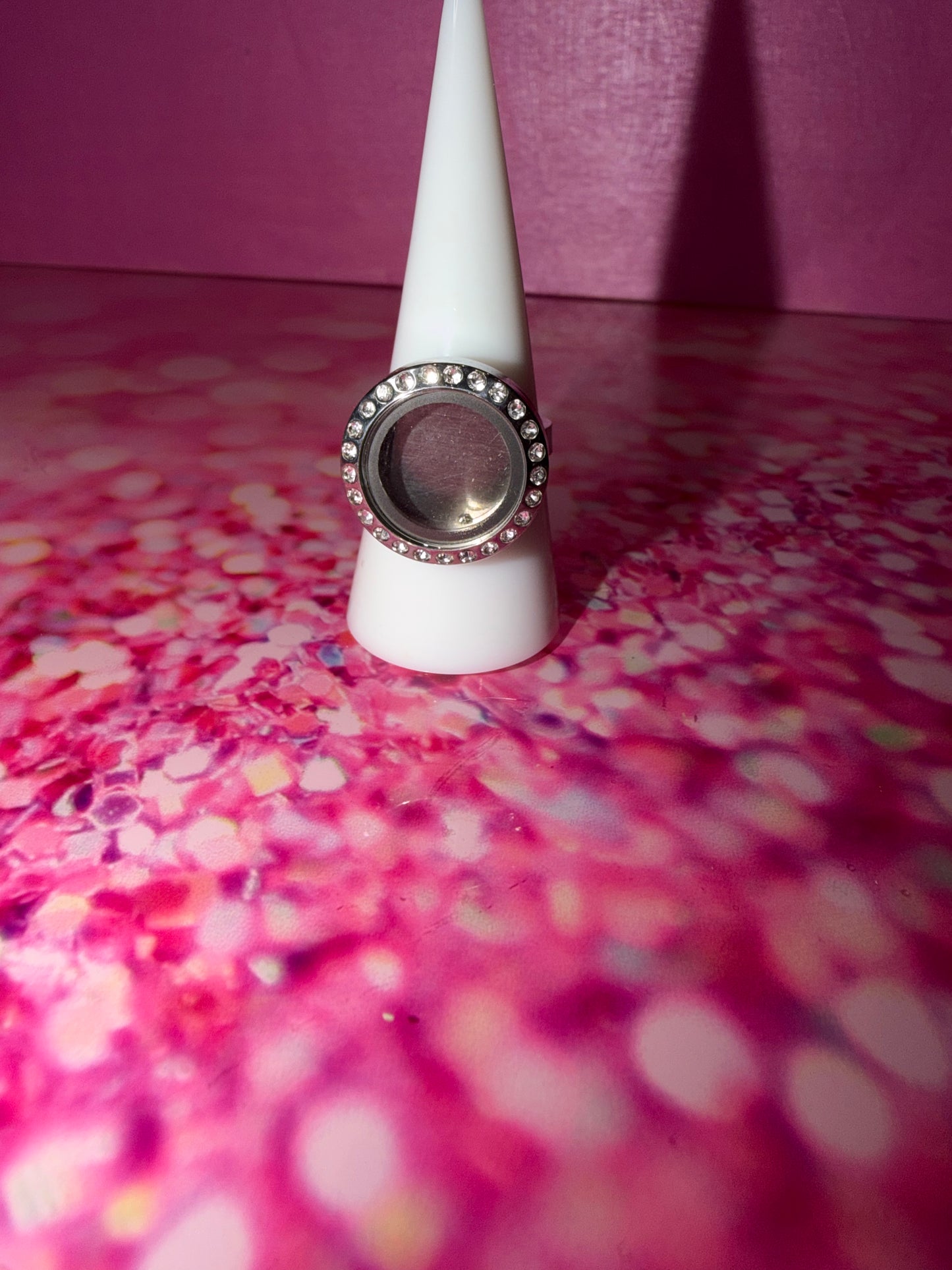 Stainless steel glass locket ring with rhinestones