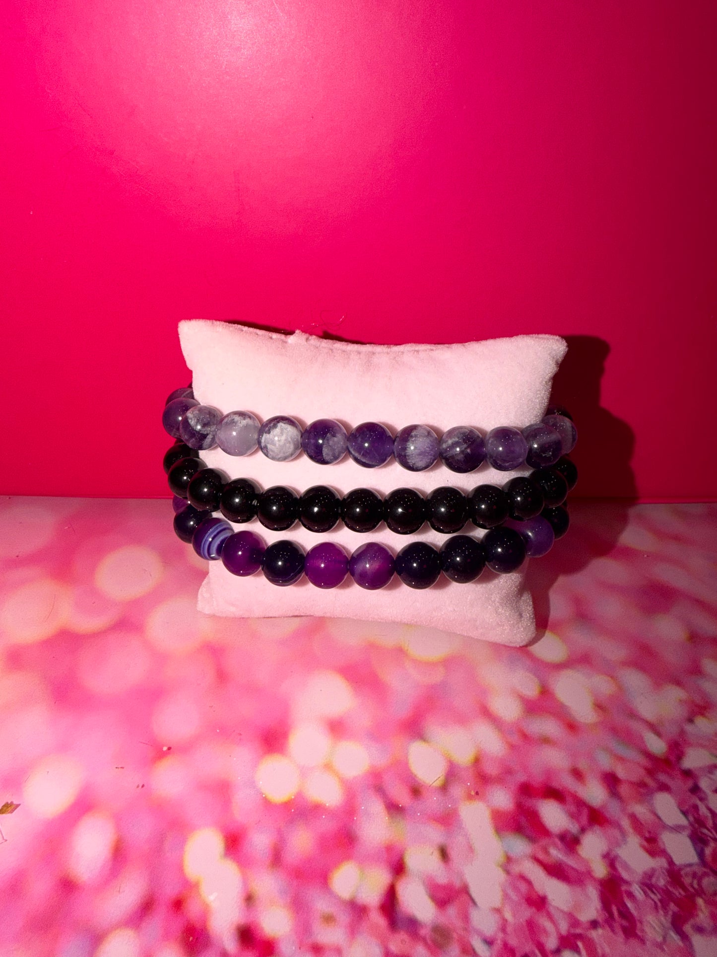 Purple agate, black onyx and amethyst bracelet set