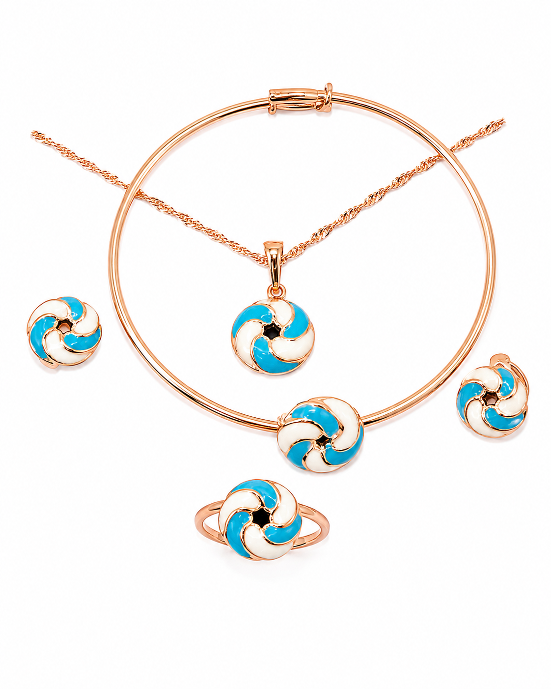 Children’s silver plated set rose gold. Blue swirl