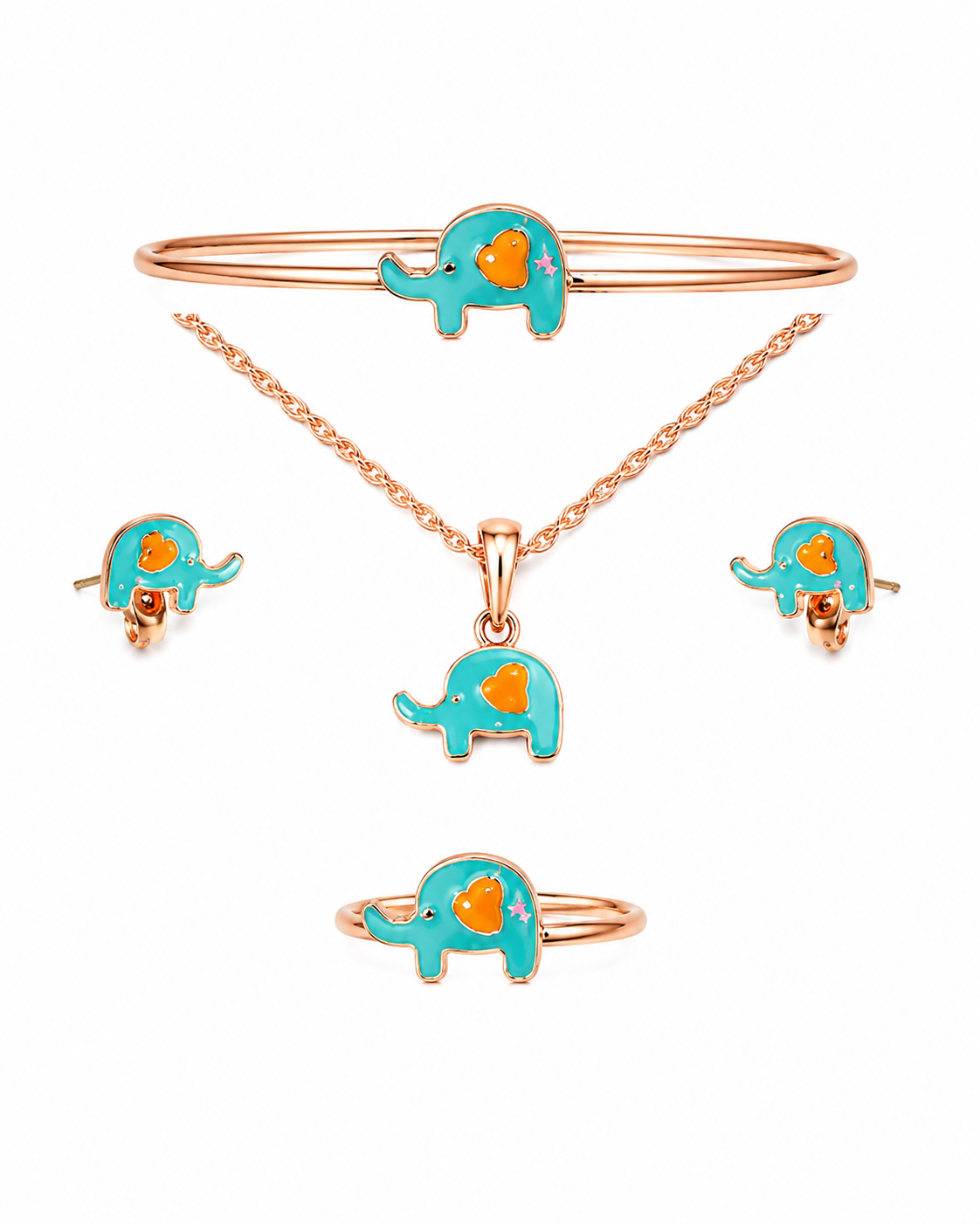 Children’s silver plated rose gold blue elephant set