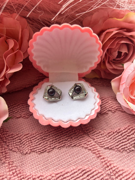 Sterling silver pre-mounted cubic zirconia triangle stud earrings with black pearls