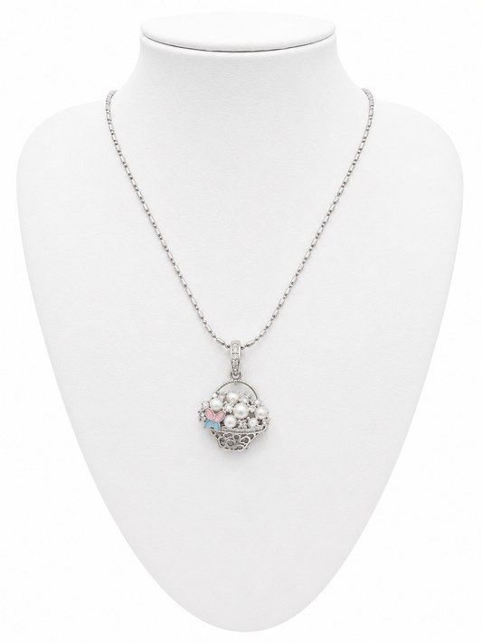 Silver plated pearl flower basket necklace