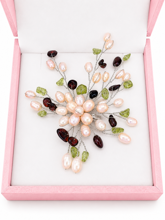 Rice pearl and gemstone wire broach