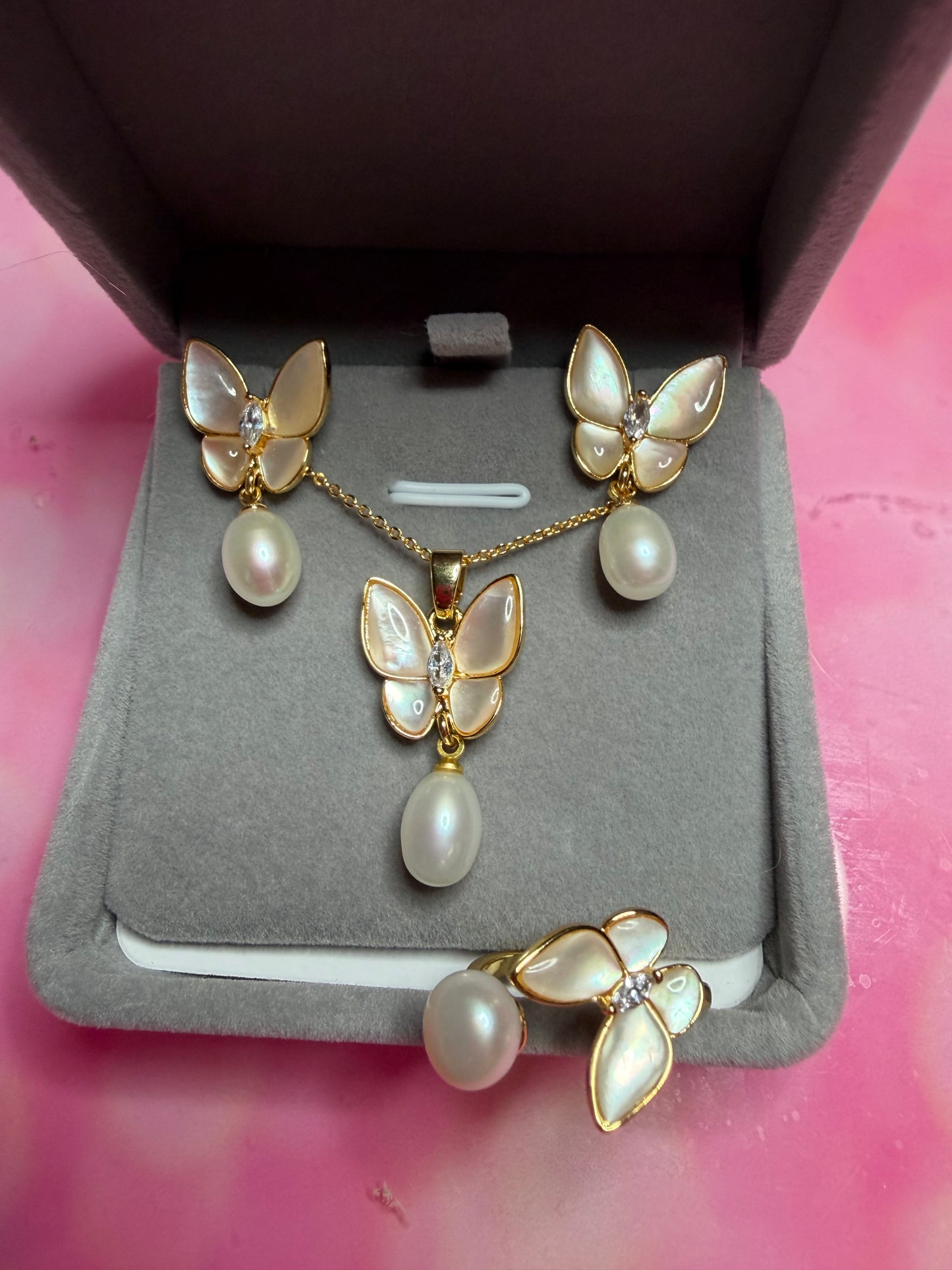 Gold plated mother of pearl with white pearls matching butterfly set