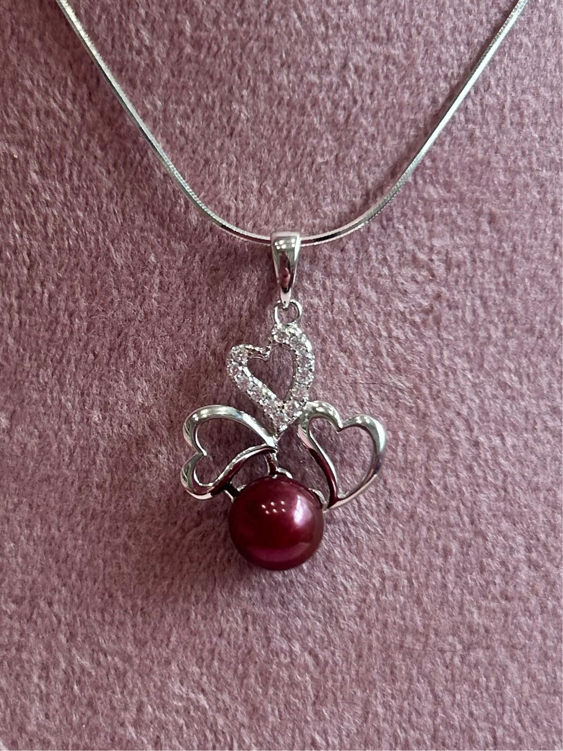 Pre mounted Sterling silver triple heart pendant with black cherry pearl