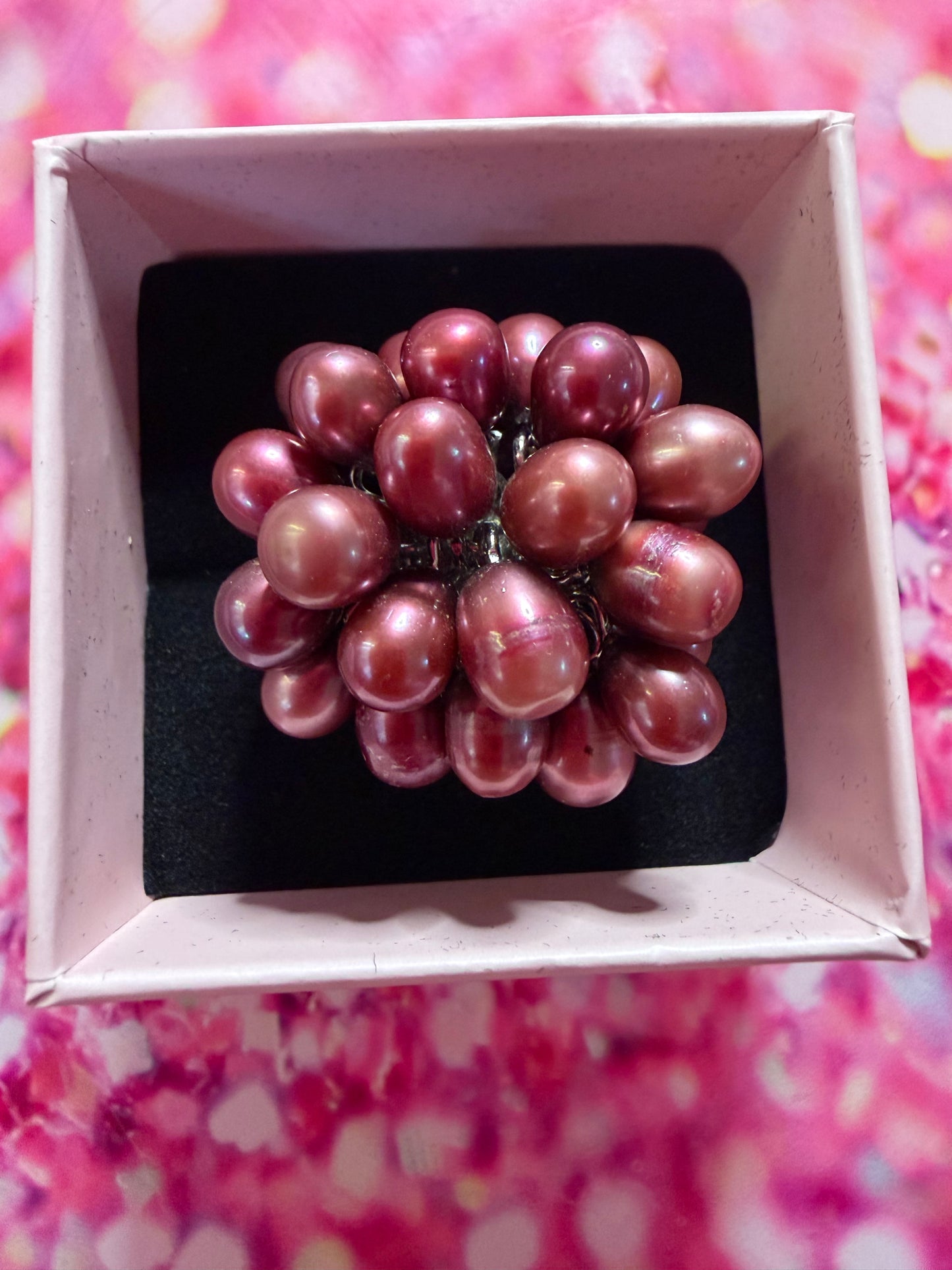 Silver plated black cherry ring pearl cluster ring