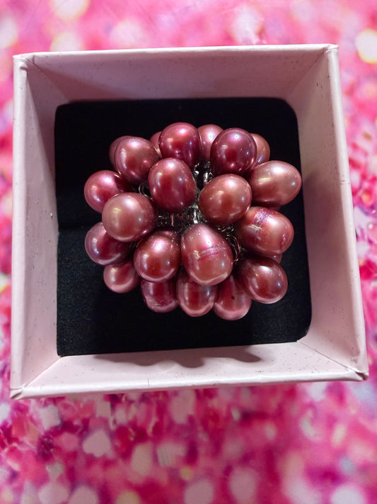 Silver plated black cherry ring pearl cluster ring