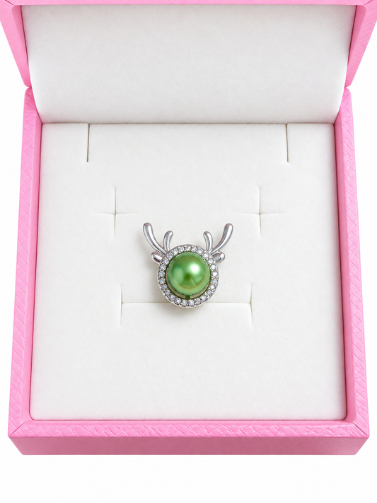 Silver plated reindeer pendant with green pearl