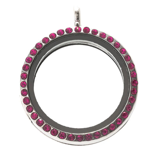 Glass locket pendant with pink rhinestones 30mm