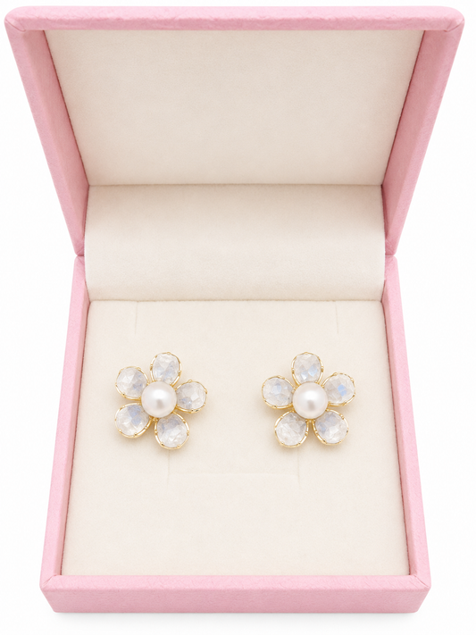 Silver plated pearl and crystal earrings in gold