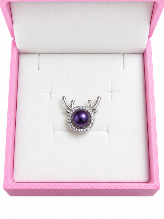Silver plated reindeer pendant with dark purple pearl