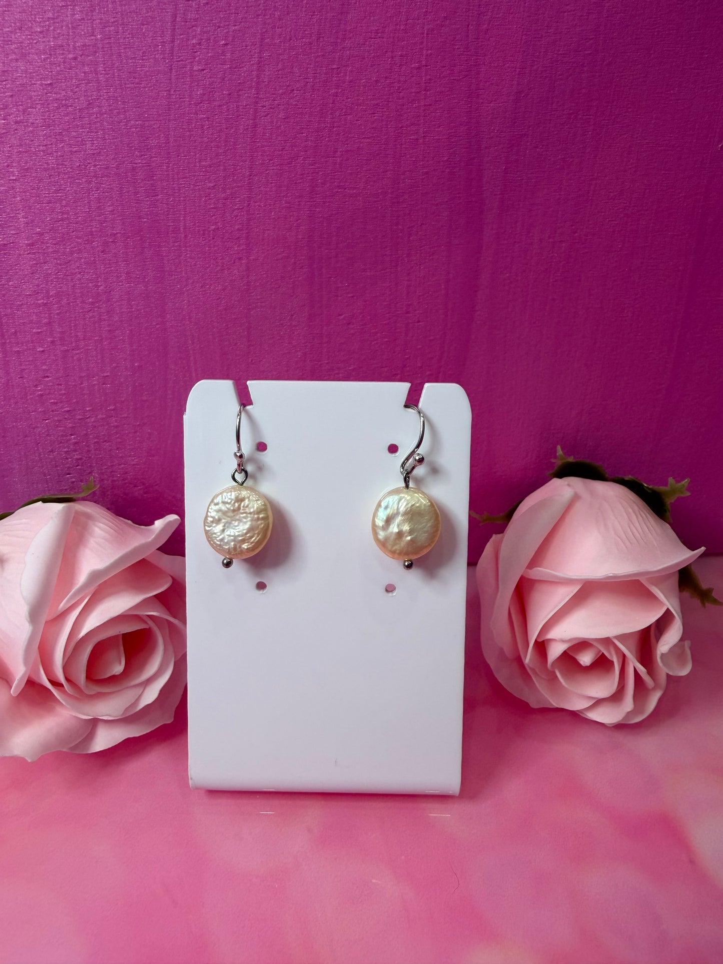 Peach silver plated pearl coin earrings