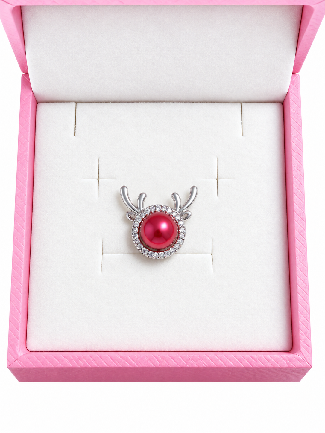 Silver plated reindeer pendant with red pearl