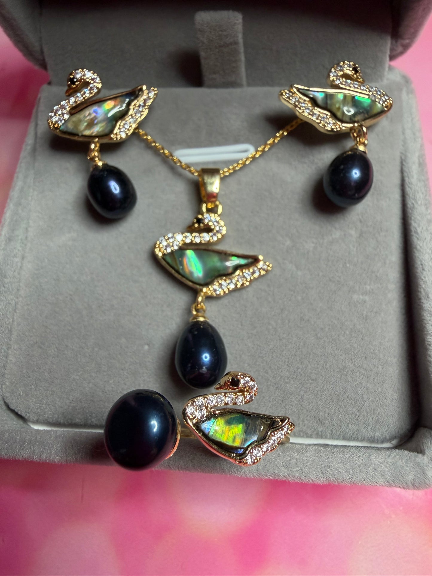 Gold plated swan earrings, ring and necklace set