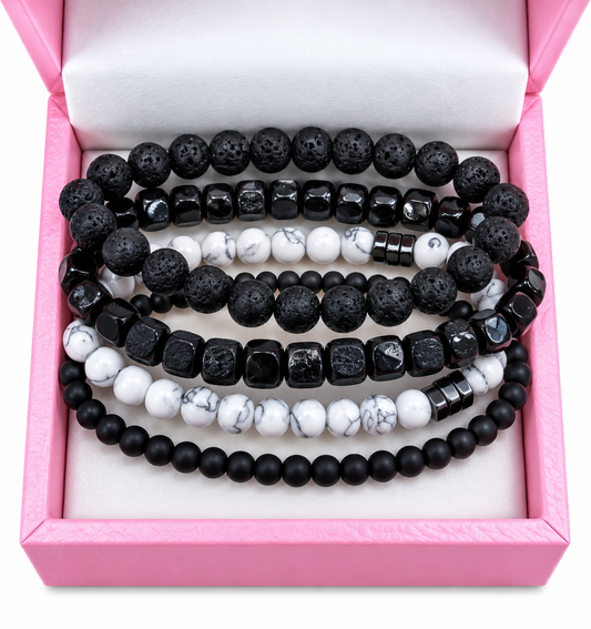 Men’s matte agate, howlite, wooden bead and natural stone bracelets