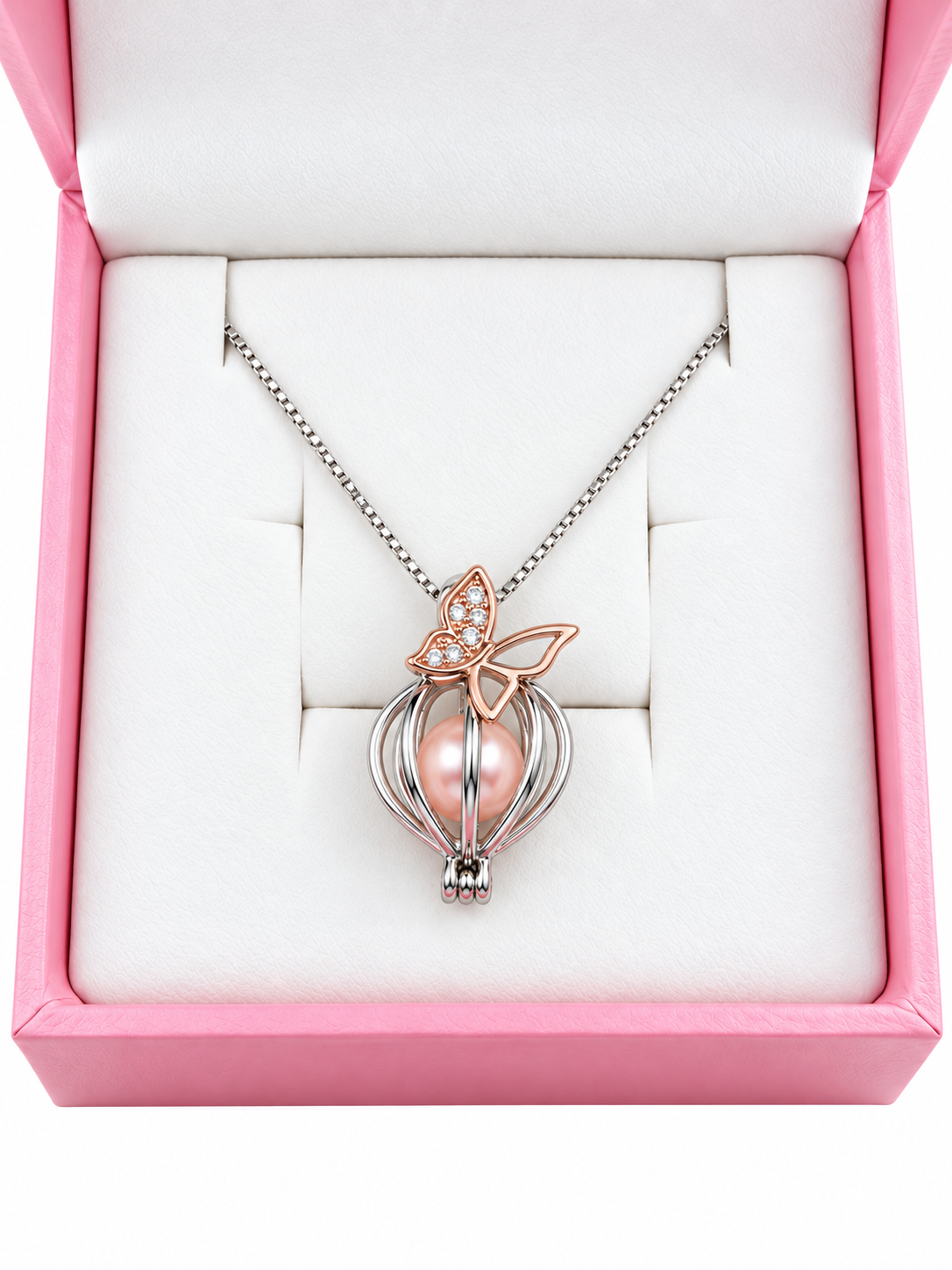 Sterling silver cage pendant with rose gold butterfly