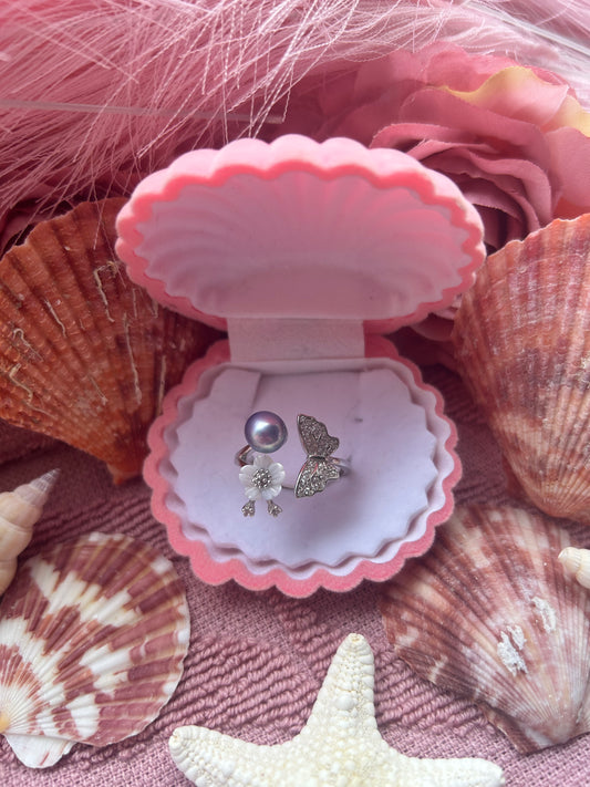 The Katie Ring. Sterling silver cubic zirconia butterfly with shell flower adjustable ring