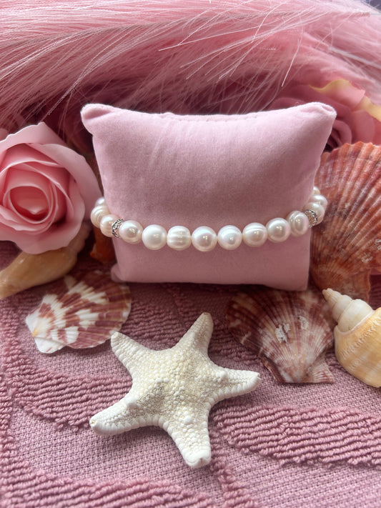 White potato pearl elastic bracelet with cz accents