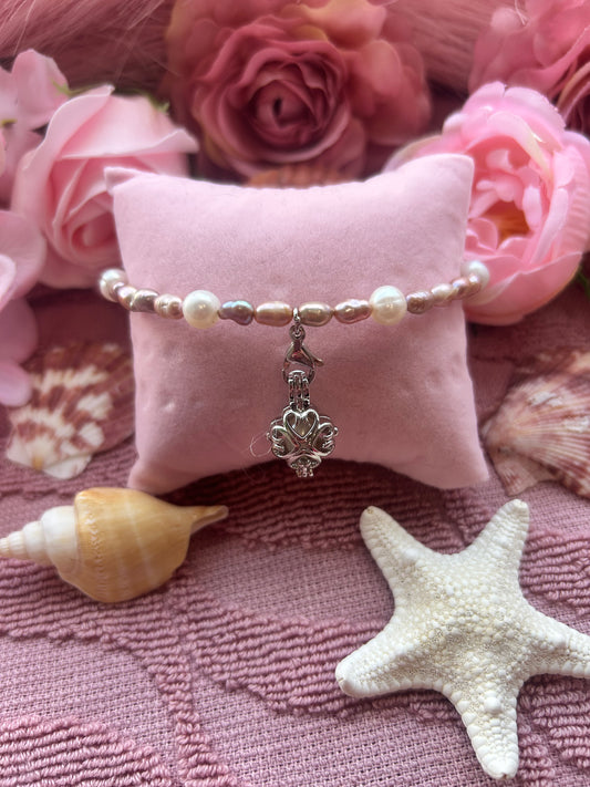 Rice and round pearl bracelet with cage pendant (removable and changeable)
