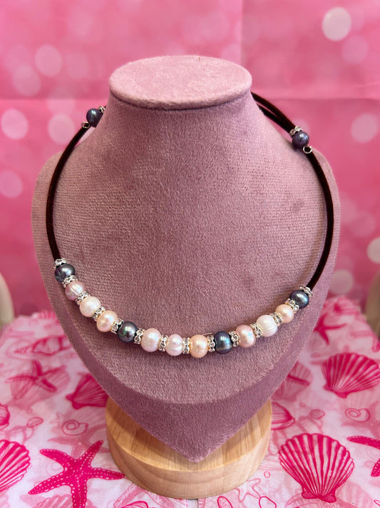Peach, pink, white and gunmetal potato pearl choker