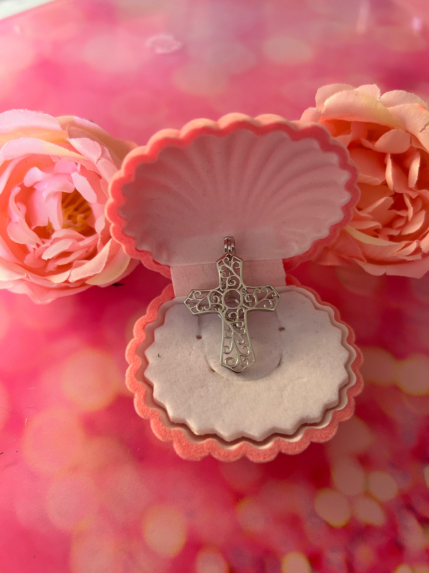 Sterling silver pearl cross cage pendant