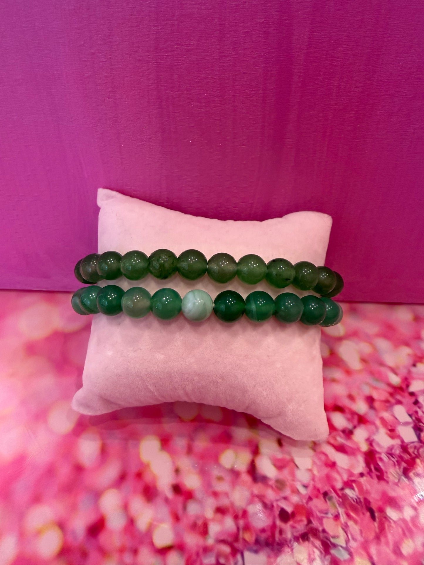 Green agate and green adventurine gemstone bracelets
