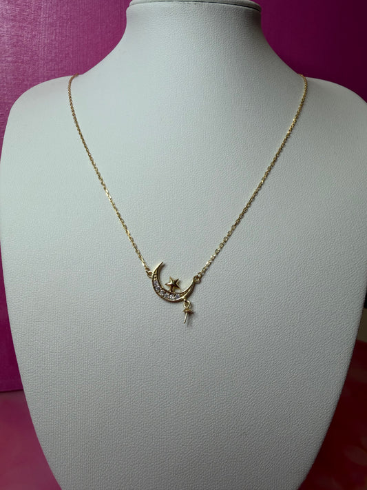 Sterling silver gold plated moon and star necklace