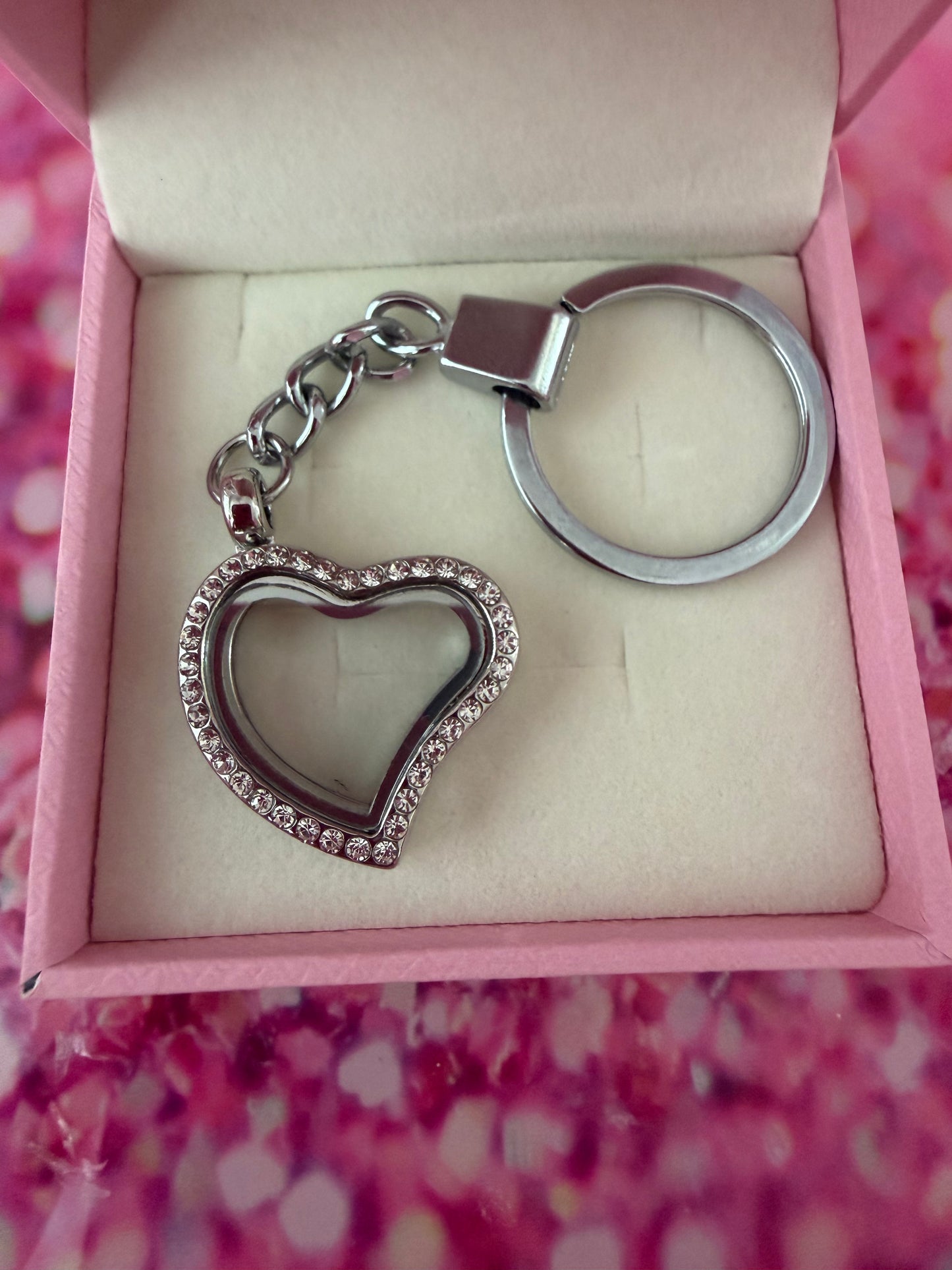 Glass love heart locket keychain