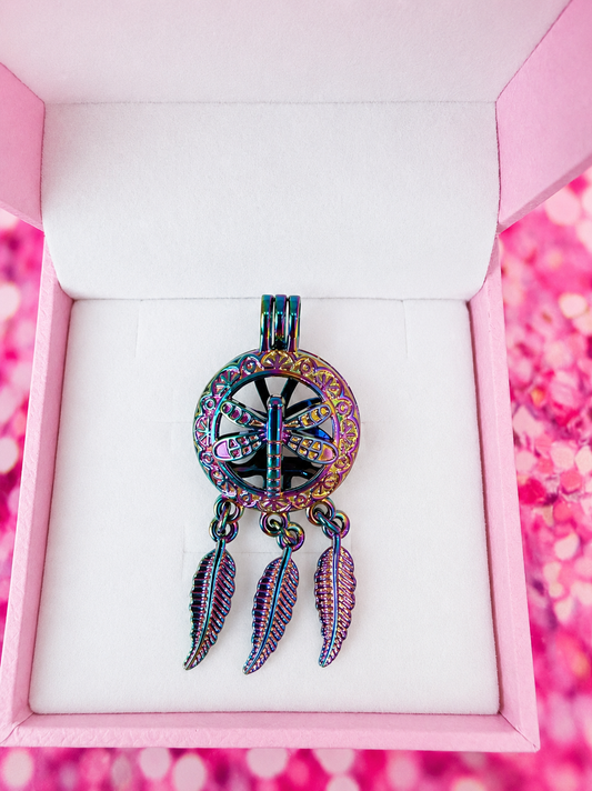 Plated rainbow dream catcher cage pendant