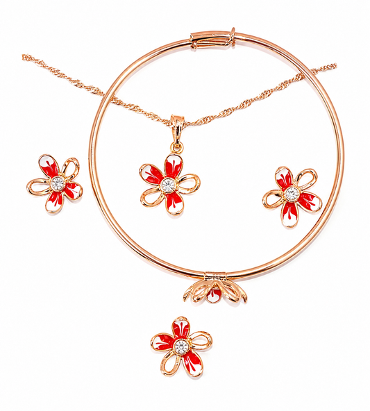 Children’s silver plated rose gold red flower jewellery set