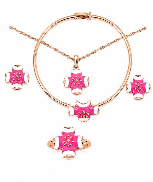 Children’s silver plated rose gold pink and white cross set.