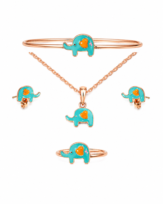 Children’s silver plated rose gold blue elephant set