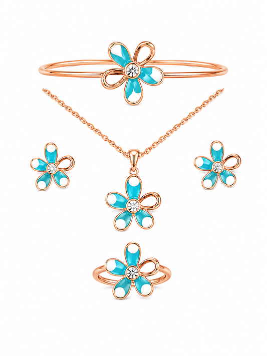 Children’s silver plated rose gold blue flower set
